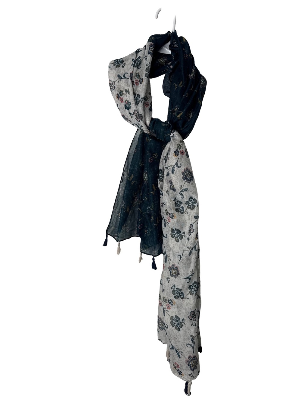 Boho Cottagecore Floral Print Tassel Shawl Scarf for Women Wrap Teal Cream